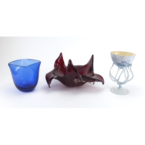 482 - Murano red glass bowl, a heavy blue glass vase and a stylish mottled blue glass pedestal bowl, the l... 