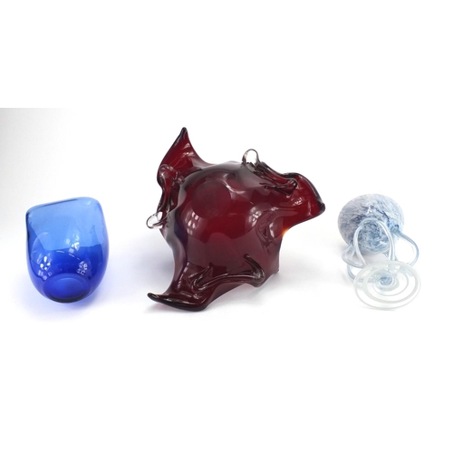 482 - Murano red glass bowl, a heavy blue glass vase and a stylish mottled blue glass pedestal bowl, the l... 