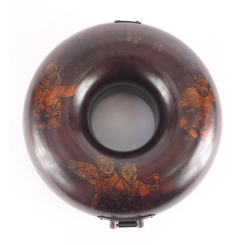 227 - Chinese lacquered bun shaped box with hinged lid, 19cm in diameter