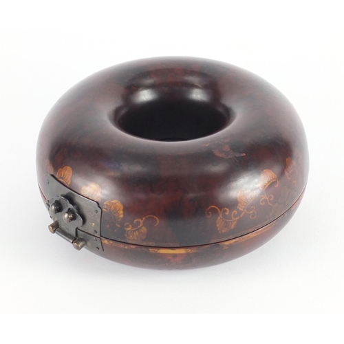 227 - Chinese lacquered bun shaped box with hinged lid, 19cm in diameter