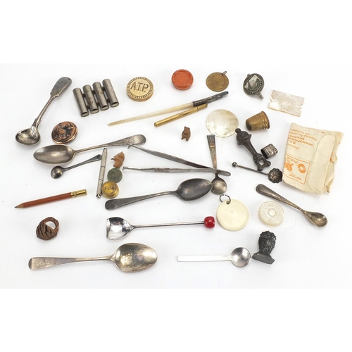 546 - Bag of objects including Georgian and later silver spoons, Mother of Pearl counters and thimbles