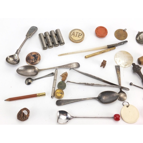 546 - Bag of objects including Georgian and later silver spoons, Mother of Pearl counters and thimbles