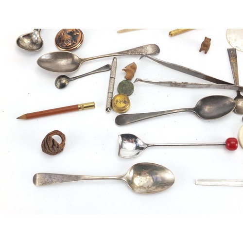 546 - Bag of objects including Georgian and later silver spoons, Mother of Pearl counters and thimbles