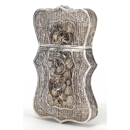 412 - Chinese filigree silver card case, decorated with two dragons and flowers, 8.5cm high x 5.7cm wide, ... 