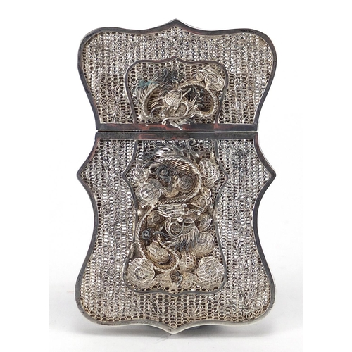 412 - Chinese filigree silver card case, decorated with two dragons and flowers, 8.5cm high x 5.7cm wide, ... 