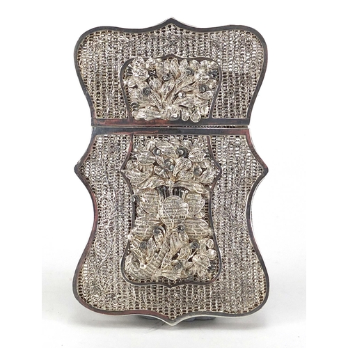 412 - Chinese filigree silver card case, decorated with two dragons and flowers, 8.5cm high x 5.7cm wide, ... 