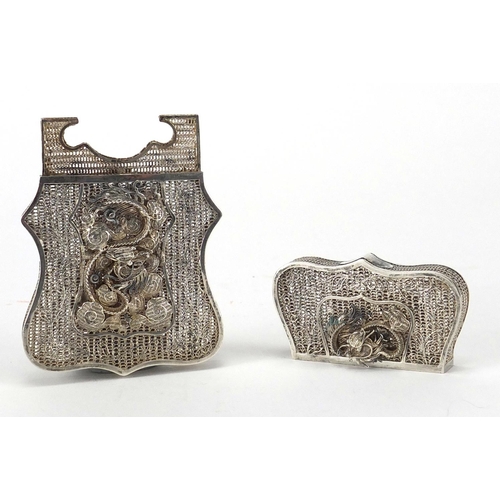 412 - Chinese filigree silver card case, decorated with two dragons and flowers, 8.5cm high x 5.7cm wide, ... 