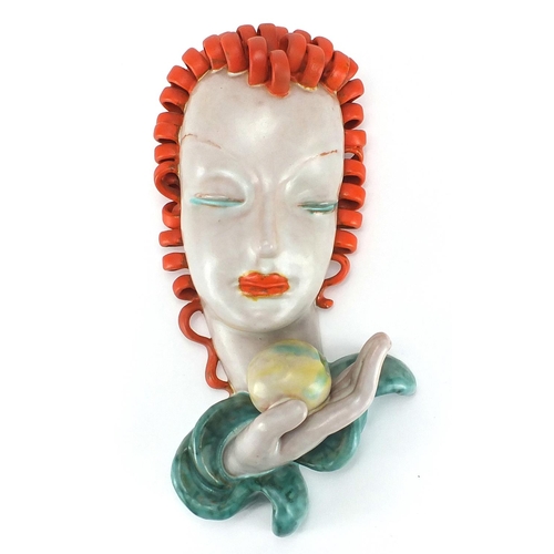 581 - Art Deco pottery face mask of a female by Goldscheider, factory marks and impressed 6TTA to the reve... 