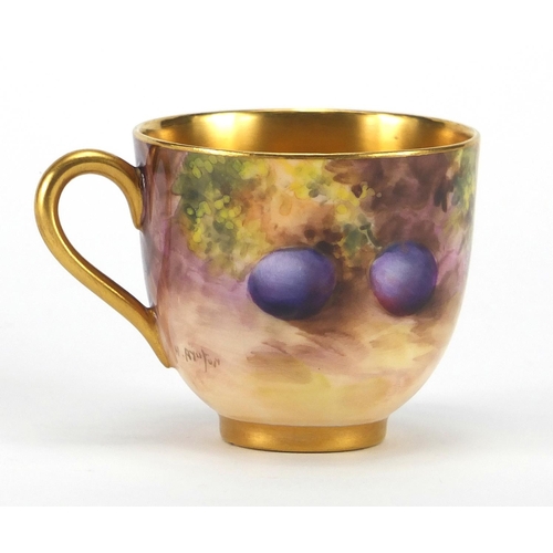 523 - Royal Worcester porcelain cup and saucer, hand painted with fruit by Harry Aynton, the cup numbered ... 