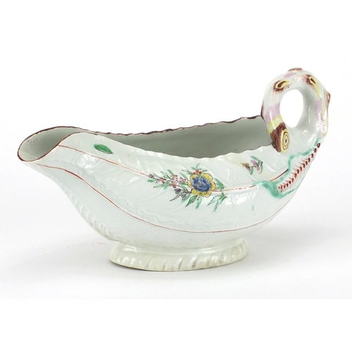 500 - 18th century Worcester porcelain Cos Lettuce Leaf sauce boat, hand painted with flowers, 22cm in len... 