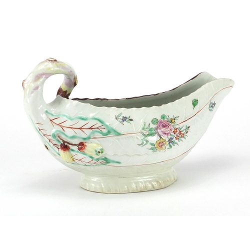 500 - 18th century Worcester porcelain Cos Lettuce Leaf sauce boat, hand painted with flowers, 22cm in len... 