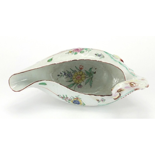 500 - 18th century Worcester porcelain Cos Lettuce Leaf sauce boat, hand painted with flowers, 22cm in len... 