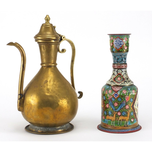 465 - Turkish gilt copper wine ewer together with an Indian Hookah base, hand painted with animals and flo... 