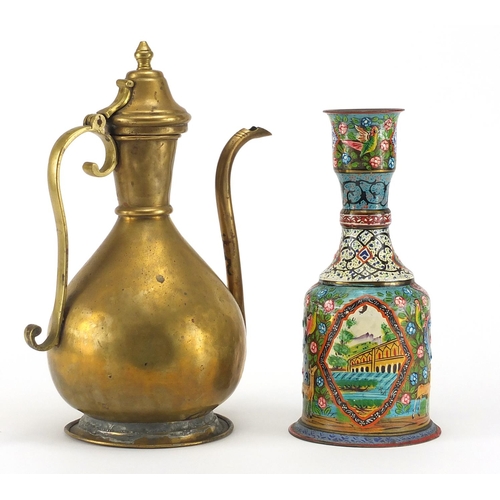 465 - Turkish gilt copper wine ewer together with an Indian Hookah base, hand painted with animals and flo... 