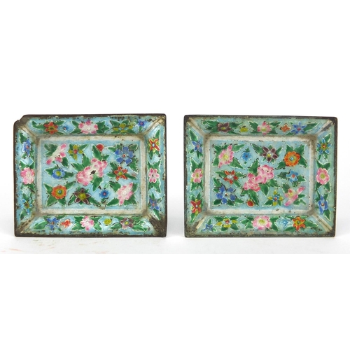 406 - Rectangular Chinese enamelled trinket box and two pin dishes, each hand painted with flowers, the la... 