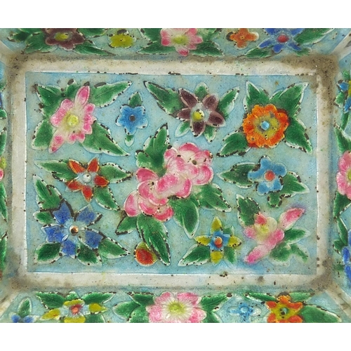 406 - Rectangular Chinese enamelled trinket box and two pin dishes, each hand painted with flowers, the la... 