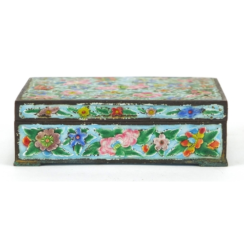 406 - Rectangular Chinese enamelled trinket box and two pin dishes, each hand painted with flowers, the la... 