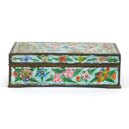 406 - Rectangular Chinese enamelled trinket box and two pin dishes, each hand painted with flowers, the la... 