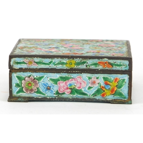 406 - Rectangular Chinese enamelled trinket box and two pin dishes, each hand painted with flowers, the la... 