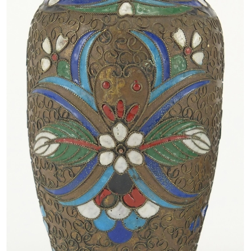 405 - Two Oriental copper vases both enamelled with stylised flowers, the largest 12.5cm high