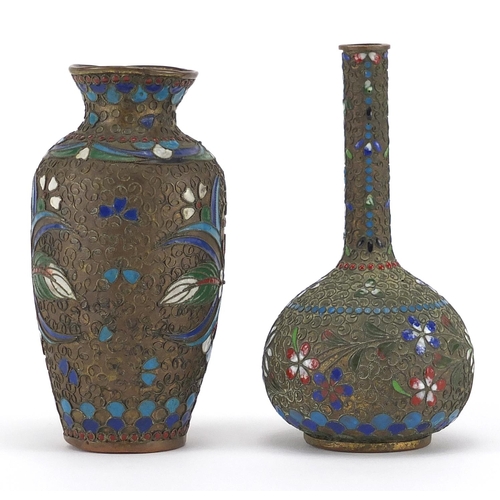 405 - Two Oriental copper vases both enamelled with stylised flowers, the largest 12.5cm high