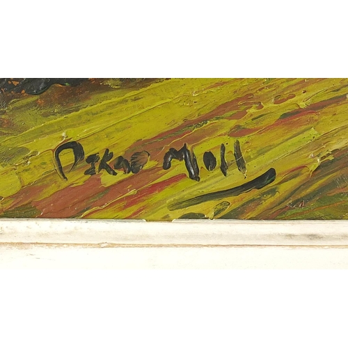 958 - Figure walking her dog, impressionist oil onto board bearing an indistinct signature Oskar Molr, and... 