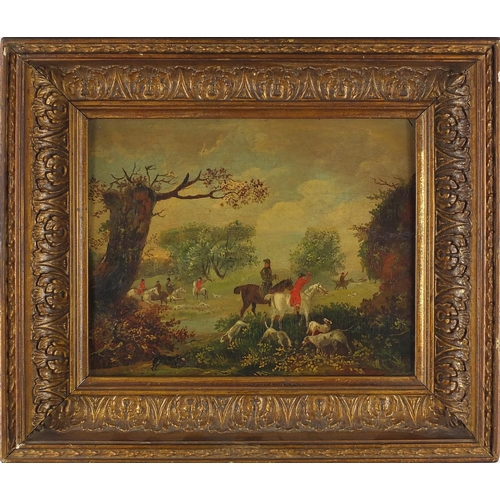 1011 - Hunting scene, 19th century oil onto wood panel, Stacey-Marks label verso, framed, 25.5cm x 205cm