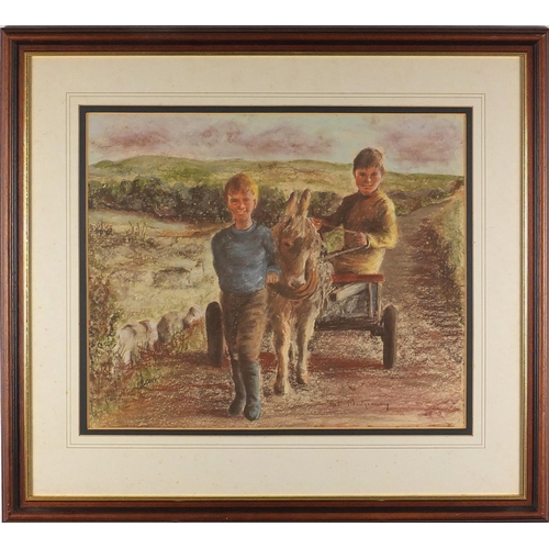 1041 - Two young boys with a donkey, Irish school pastel, bearing a signature Pat Montgomony, mounted and f... 