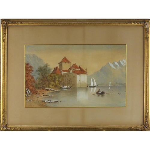 957 - Swiss Alps, 19th century heightened watercolour, mounted and framed, 45cm x 28.5cm