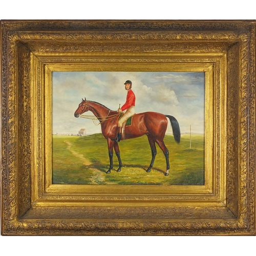 963 - Portrait of a jockey on horseback, oil on wood panel, mounted and framed, 39cm x 28.5cm
