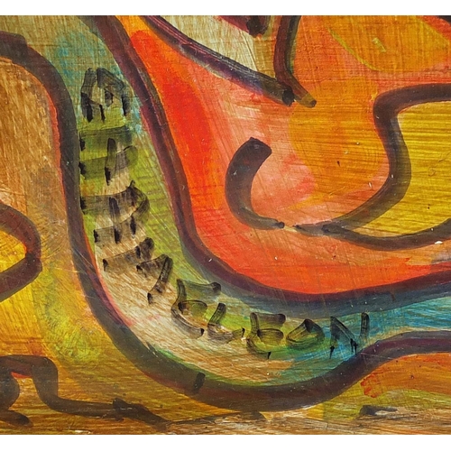 1032 - Abstract composition chameleon, oil on board, bearing a signature Maxwell Dunlop, framed, 89cm x 60c... 