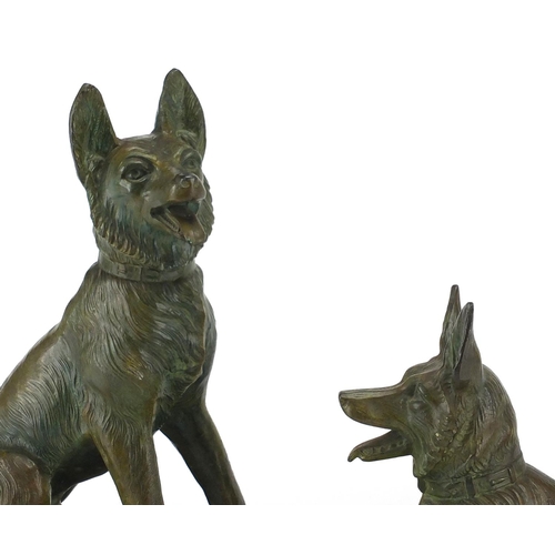 604 - Art Deco marble sculpture mounted with two bronzed German Shepherds, 52cm wide