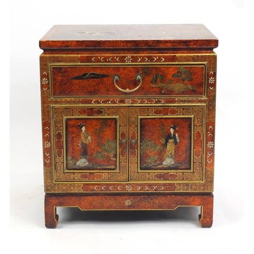 2031 - Oriental lacquered side cabinet, fitted with a drawer above a pair of cupboard doors, hand painted i... 