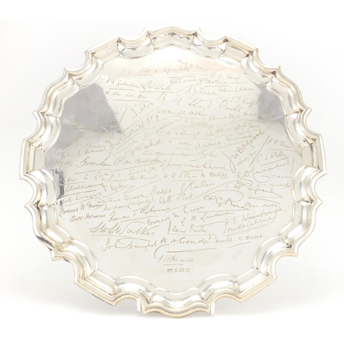 633 - Military interest silver tray engraved with various names including Harold A Cottell and H G Heap, T... 