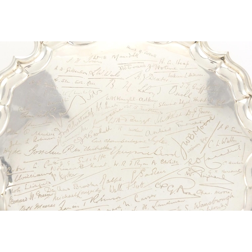 633 - Military interest silver tray engraved with various names including Harold A Cottell and H G Heap, T... 