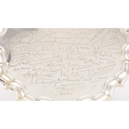 633 - Military interest silver tray engraved with various names including Harold A Cottell and H G Heap, T... 