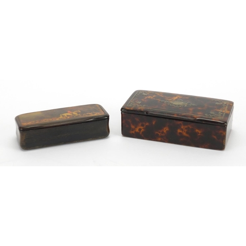 20 - 19th century tortoiseshell design papier-mâché  snuff box with brass inlay, together with a horn exa... 