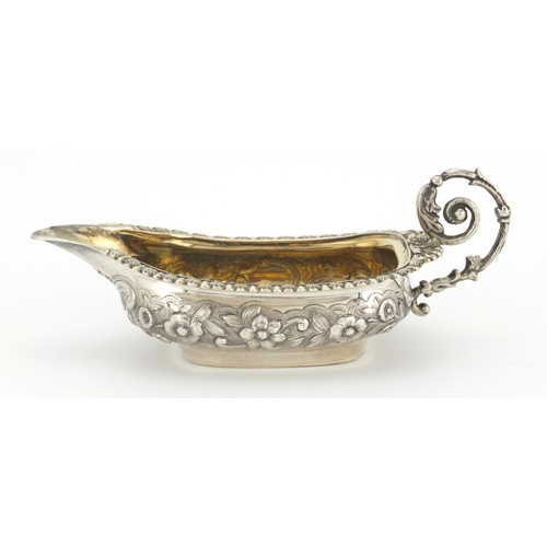 634 - WITHDRAWN - Georgian silver sauce boat with embossed floral decoration and gilt interior, WB London ... 