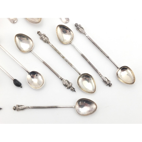 670 - Two sets of six silver spoons and a set of six unmarked silver teaspoons, various hallmarks, the lar... 