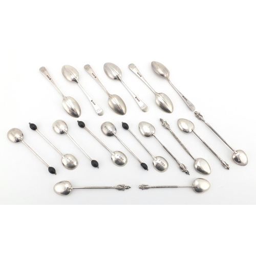 670 - Two sets of six silver spoons and a set of six unmarked silver teaspoons, various hallmarks, the lar... 