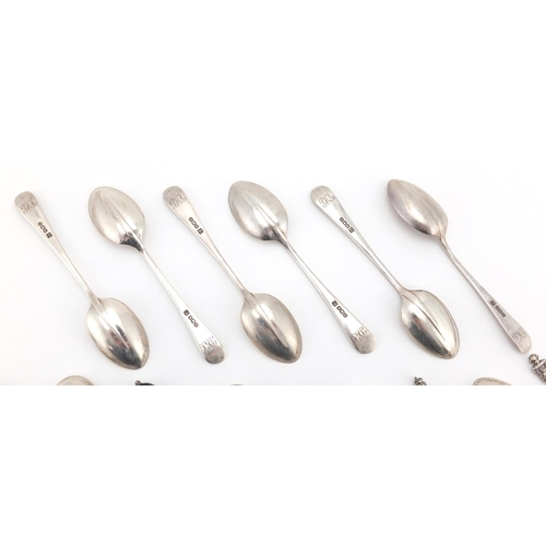 670 - Two sets of six silver spoons and a set of six unmarked silver teaspoons, various hallmarks, the lar... 