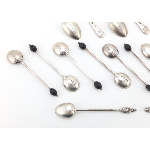 670 - Two sets of six silver spoons and a set of six unmarked silver teaspoons, various hallmarks, the lar... 