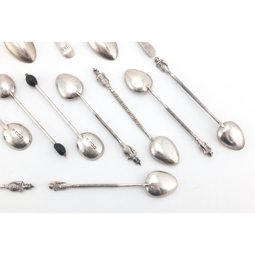 670 - Two sets of six silver spoons and a set of six unmarked silver teaspoons, various hallmarks, the lar... 