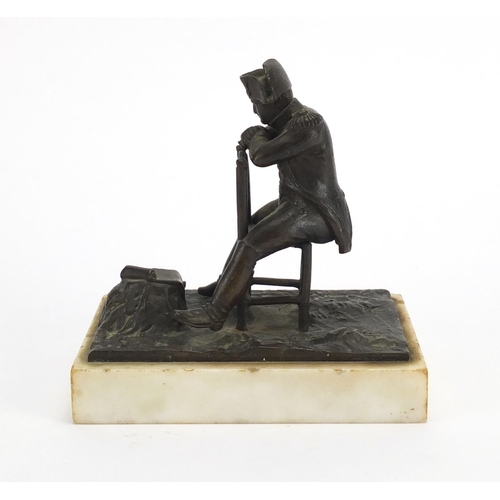 3 - 19th century bronze study of Napoleon reading plans of The Battle of Waterloo, raised on a white mar... 