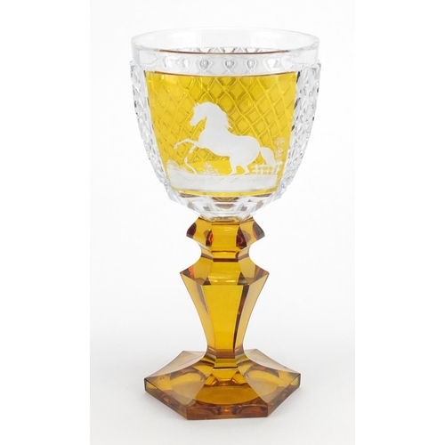 546 - Good 19th century Bohemian flashed and cut amber and clear glass goblet, finely etched with a panel ... 