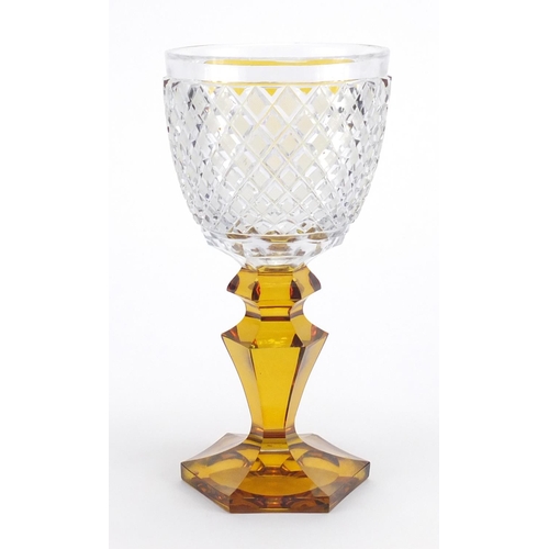 546 - Good 19th century Bohemian flashed and cut amber and clear glass goblet, finely etched with a panel ... 