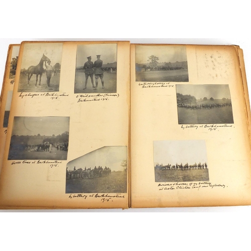 175 - World War I Military interest black and white photographs and ephemera arranged in an album, includi... 