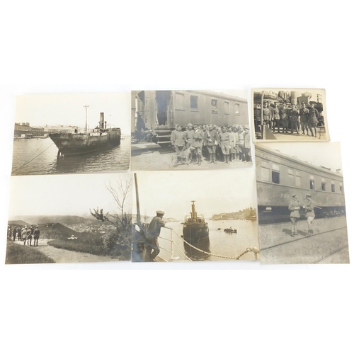 278 - World War I Military black and white photographs of the Russian Front, including ships and trains, w... 