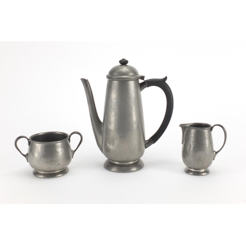 613 - Three piece Liberty & Co Tudric pewter tea set comprising coffee pot, milk jug and sugar bowl, numbe... 