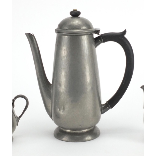 613 - Three piece Liberty & Co Tudric pewter tea set comprising coffee pot, milk jug and sugar bowl, numbe... 